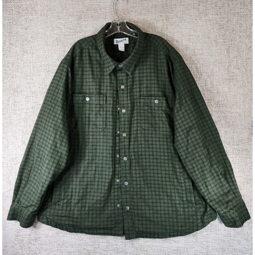 Duluth Trading‎ Co Shirt Jacket Mens 2XL Green Plaid Canvas Flannel Lined EUC